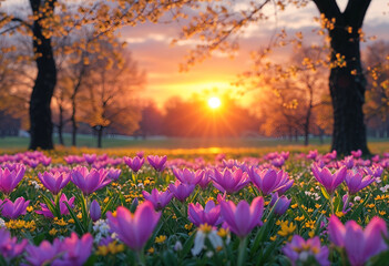 Obraz premium Sunrise Symphony: A breathtaking panorama of purple crocuses blooming under a golden sunrise, painting a scene of vibrant life and renewal in a meadow bathed in warm light. 