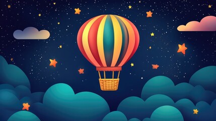 Naklejka premium Colorful Hot Air Balloon Floating in Starry Night Sky