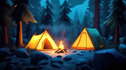 Cozy Camping Scene with Colorful Tents and Warm Campfire Glow