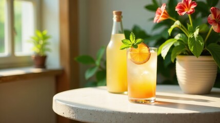 Fototapeta premium Refreshing Citrus Beverage with Mint Garnish on Sunny Patio Table