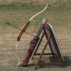 A recurve bow with arrows in a quiver rests against a wooden archery target stand outdoors on grass. The equipment is ready for practice.