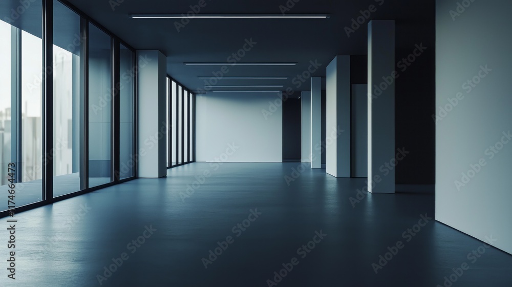 Poster A spacious modern apartment features sleek lines and neutral tones, illuminated by natural light streaming through large windows. The open layout creates a tranquil atmosphere