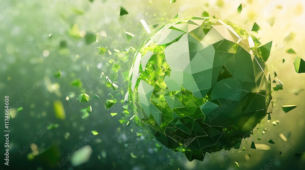 Poster green abstract globe shattering into fragments in dynamic scene