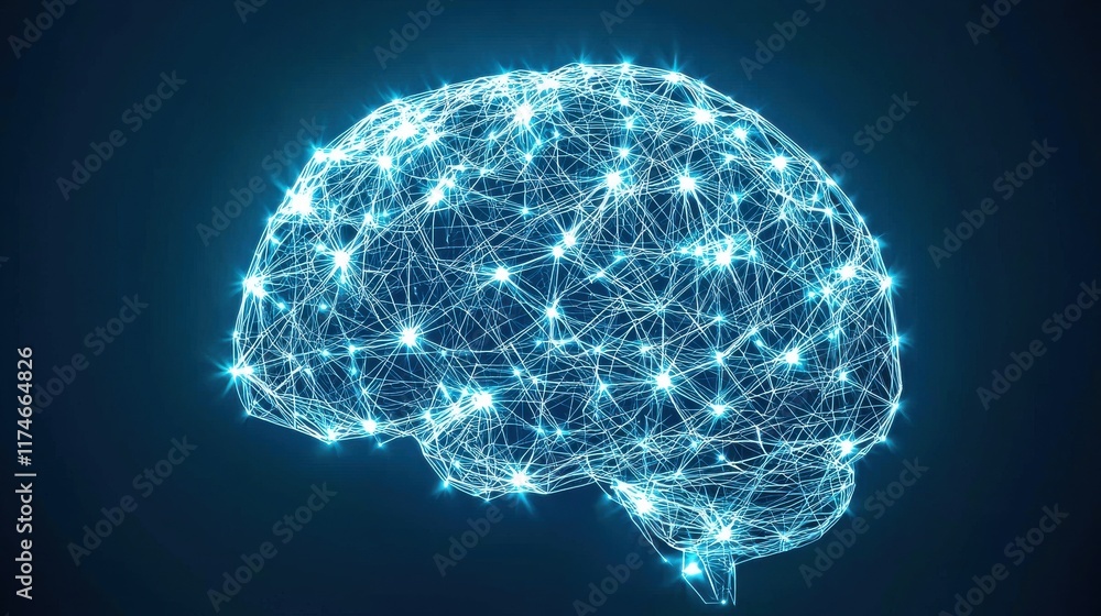 Poster a digital illustration of a brain composed of glowing connections, symbolizing neural networks and a