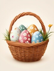 Happy Easter. A basket of painted eggs. Vector illustration.