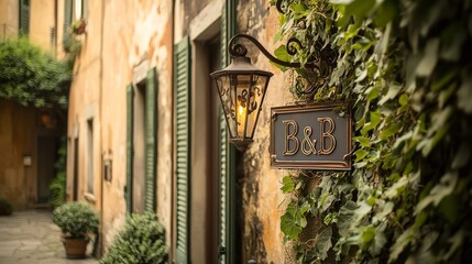 Charming Bed and Breakfast Entrance: A quaint bed and breakfast is nestled within a charming, ivy-covered building, illuminated by a warm, inviting lantern.  The sign subtly announces its purpose.