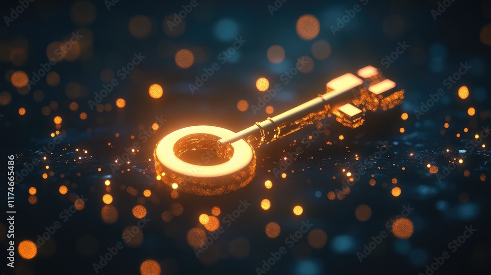 Poster bright golden key on a sparkling digital background with bokeh effects