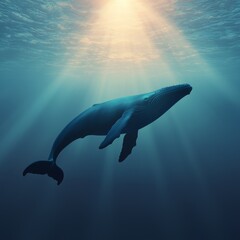 Fototapeta premium Blue whale sound concept. Majestic whale swimming in serene underwater scene