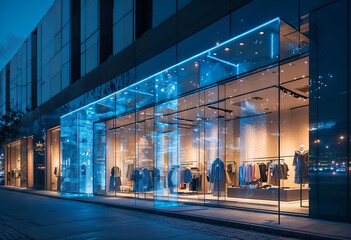 Modern Retail Storefront Illuminated at Night: An urban storefront bathed in cool blue light draws attention with its sleek design and inviting display.