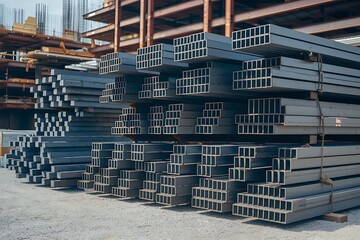 Stacks of square steel tubing bundled and stored outdoors near a construction site. The steel is gray and neatly organized.