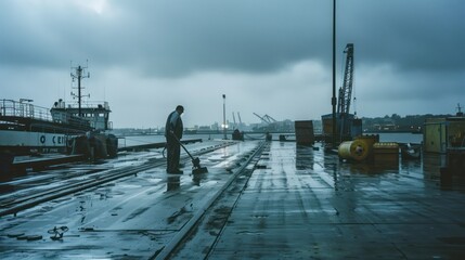 Naklejka premium The sea pier is being swept and washed by the pier cleaners.
