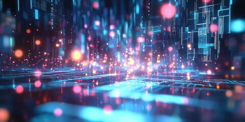 Fototapeta premium Futuristic cityscape, neon lights, reflective wet streets, cyberpunk atmosphere, urban night scene, glowing skyscrapers, pink and blue color palette, dystopian metropolis, puddles reflecting neon, hig