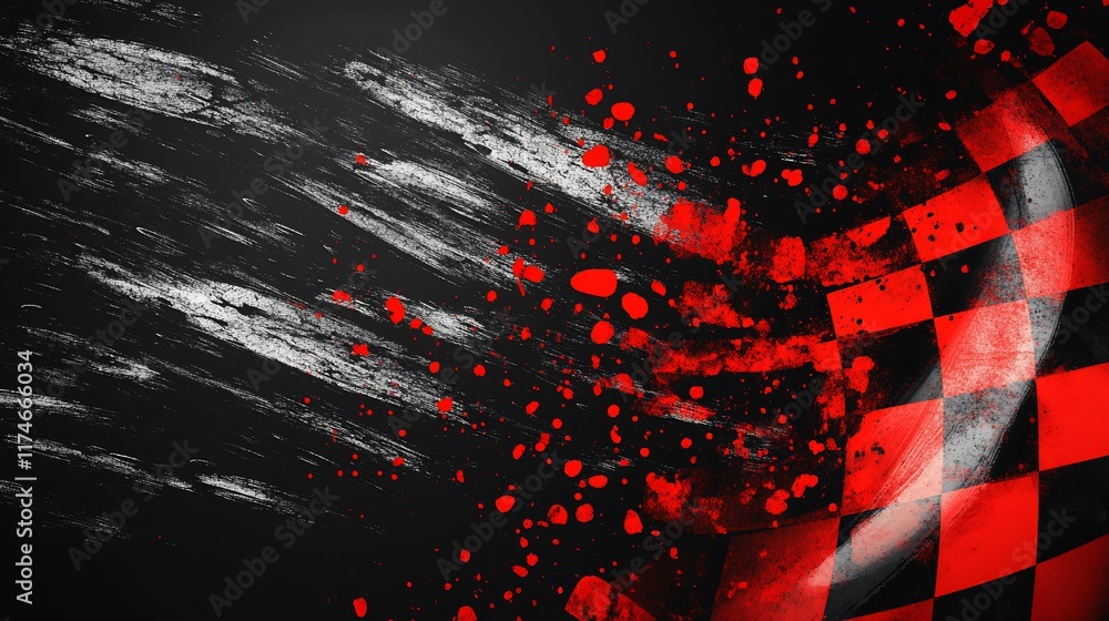 Poster Checkered flag with red splatters and grunge texture.