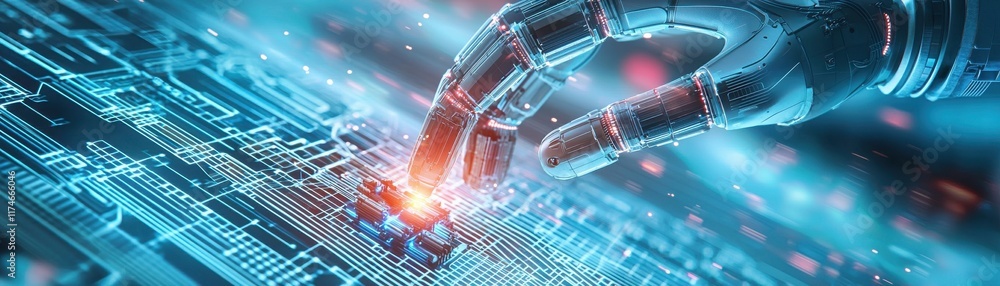 Poster a futuristic robotic hand interacts with a glowing circuit board, symbolizing advanced technology an