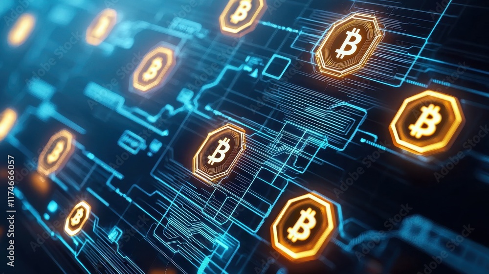 Poster a vibrant digital representation of bitcoin symbols interconnected by a network, showcasing the esse