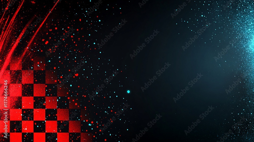 Aufkleber Abstract checkered racing flag background with vibrant red and teal color gradients, glittery particles, and dynamic streaks.
