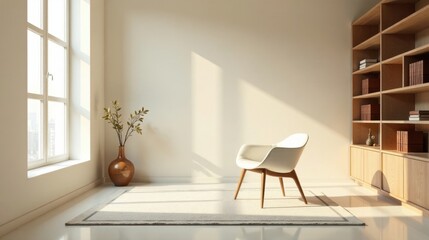 Fototapeta premium Serene Minimalist Interior Design Featuring a Comfortable Chair and Sunlight Streaming Through a Large Window