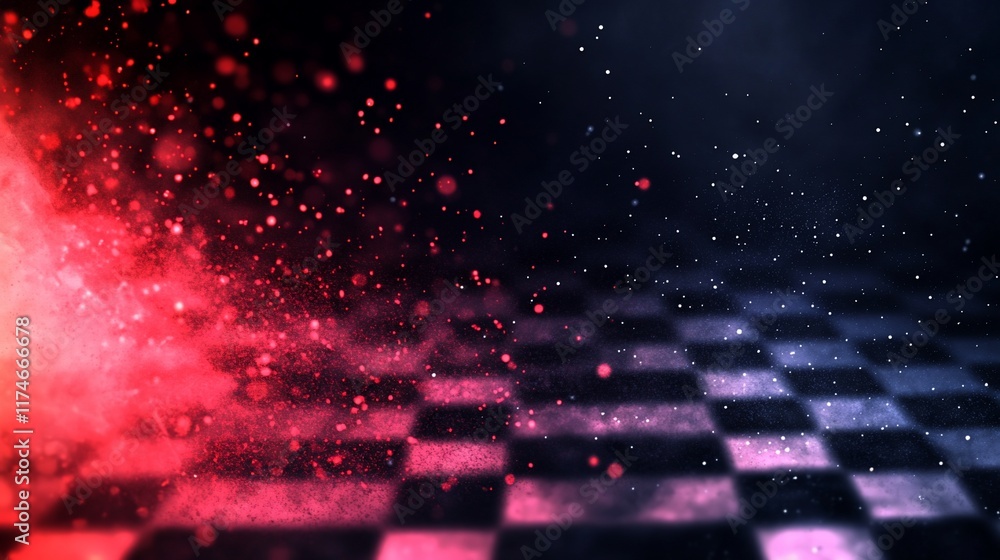 Poster abstract checkered racing background with red and blue sparks.