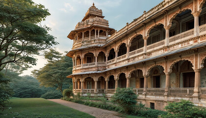 Obraz premium Magnificent Palace in Rajasthan: A majestic sandstone palace stands tall amidst lush greenery, its intricate architecture and serene setting creating a captivating image of Indian heritage. 