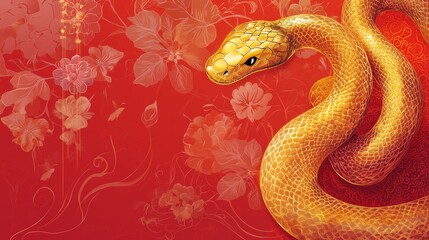 Obraz premium Glowing Year of the Snake Card with Intricate Chinese Patterns on Vibrant Red Background and Festive Floral Elements