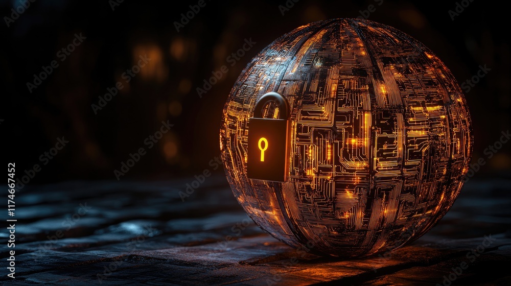 Poster futuristic digital sphere with lock symbol and circuit design