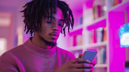 Young man using smartphone in vibrant room.