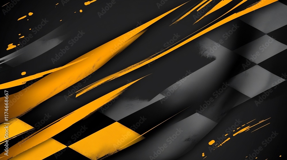 Poster Abstract racing flag design with dynamic brushstrokes and checkered pattern.