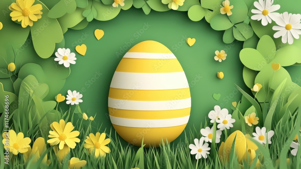 Poster happy easter greeting card and frame in shape of egg, vector illustration in simple flat style.