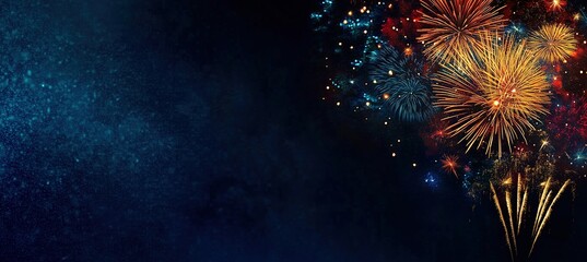 Colorful Christmas and New Year's Eve fireworks display against a dark background in the Milky Way galaxy, with text space on the right side