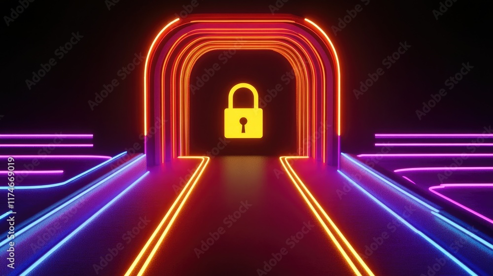 Aufkleber neon tunnel with lock symbol for security and privacy concepts