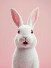 Fototapeta premium Portrait of a white cute. rabbit with surprised. expression on a pink background,surprised looking rabbit .Generative AI