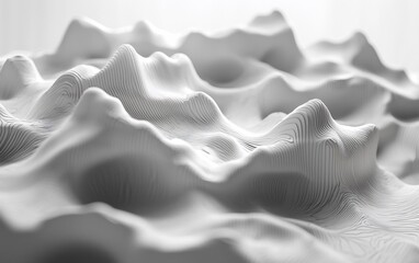 Abstract grayscale 3D rendering of undulating hills and valleys.