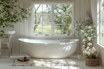 Fototapeta premium Minimalist Bathroom with Spring Blooms