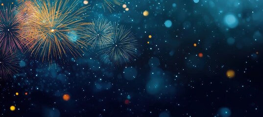 Colorful Christmas and New Year's Eve fireworks display against a dark background in the Milky Way galaxy, with text space on the right side