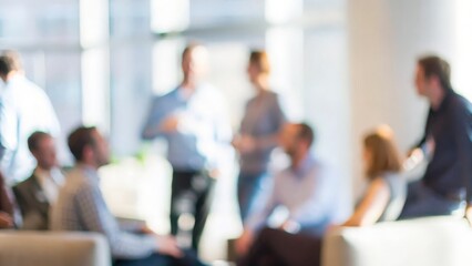 A soft blur showing a group of conference attendees engaged in discussion during a break.
