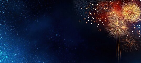 Colorful Christmas and New Year's Eve fireworks display against a dark background in the Milky Way galaxy, with text space on the right side