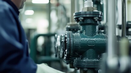 A man is working on a pipe with a green valve