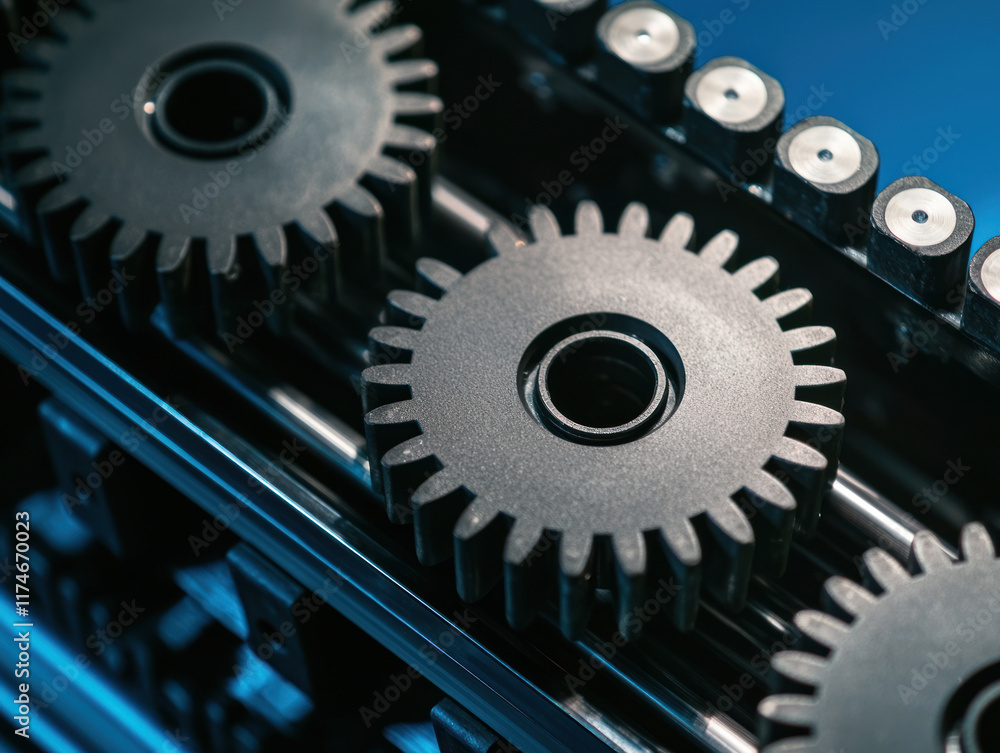 Poster close up of robotic conveyor system gears moving in industrial setting