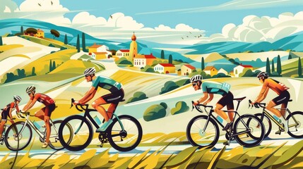 Fototapeta premium A group of cyclists riding through a picturesque countryside, their bikes a blur of motion against a backdrop of rolling hills and quaint villages.