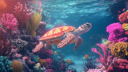 Obraz premium A stunning underwater scene featuring a majestic sea turtle gracefully swimming through a coral reef illuminated by surreal neon-like colors. The vivid pink, purple, and blue corals create.AI