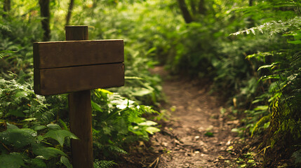 The path through the dense green forest is marked by wooden signs