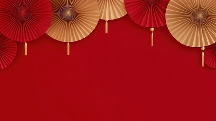 Chinese New Year concept with Paper fan medallion ornaments, decorations, on a red background. Copy space for text, advertising, message