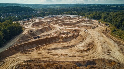 Aerial view of large construction site with earthworks and machinery.