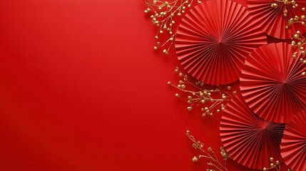 Chinese New Year Celebration Background with Red Paper Fans and Golden Lines, Flat Design Style, Traditional Red Color Scheme