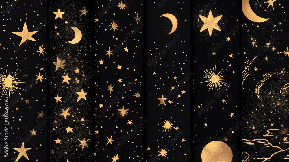 Poster celestial patterns with stars and moons on black background