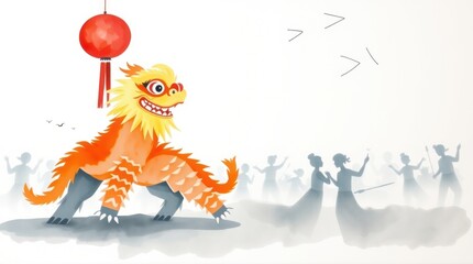 Lion dance performance, celebration, festive background, Asian culture, holiday greeting card.