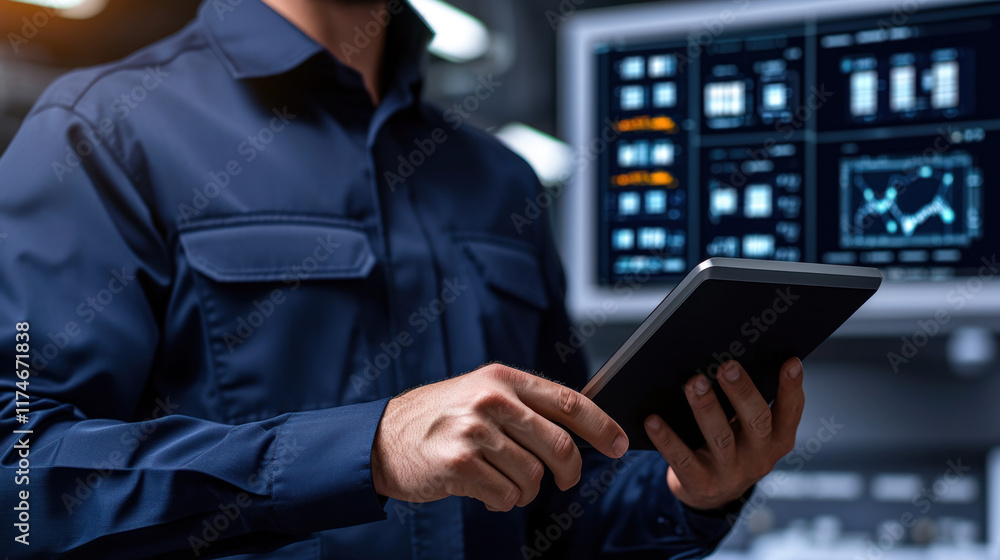 Poster logistics manager using tablet in control room, analyzing data