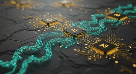 Artificial Intelligence AI Chips on Circuit Board with Gold Traces and Connections