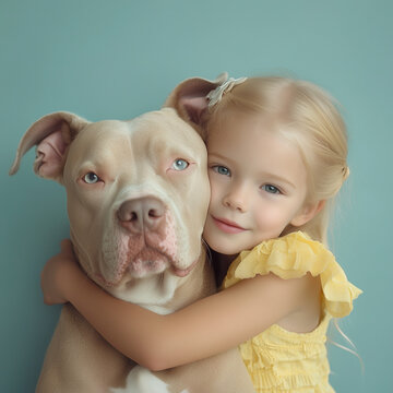 Adorable young girl in pink pajamas hugging a staford puppy on a soft pastel blue background. Heartwarming and tender moment symbolizing love, companionship, and innocence, perfect for family.