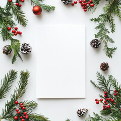 Blank card mockup surrounded by winter greenery, berries, and pine cones.